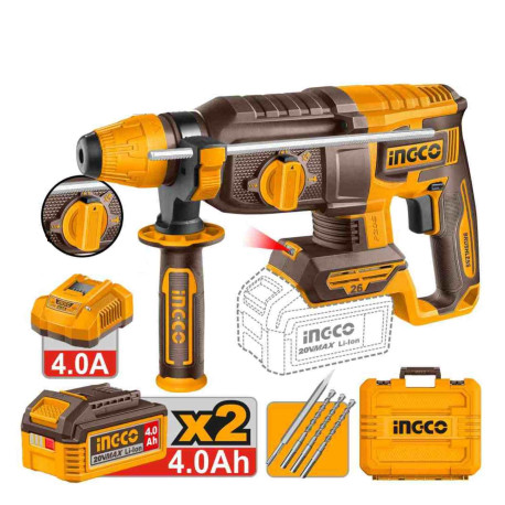 Marteau perforateur sans fil SDS + ING-CO - 20V - 2.5J - 1100 tr/mn - Forets et burin inclus - Avec Starter Pack 4.0Ah