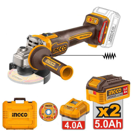 Meuleuse d'angle sans fil ING-CO - 20V -  Ø125 mm - Max 9000 tr/mn - Avec Starter Pack 5.0Ah