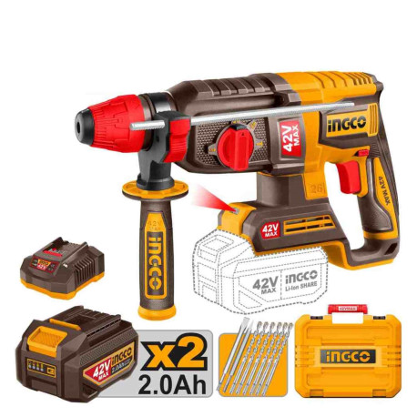 Marteau perforateur sans fil SDS + ING-CO - 42V - 2.5J - 1100 tr/mn - Forets et burins inclus - Avec Starter Pack 2.0Ah
