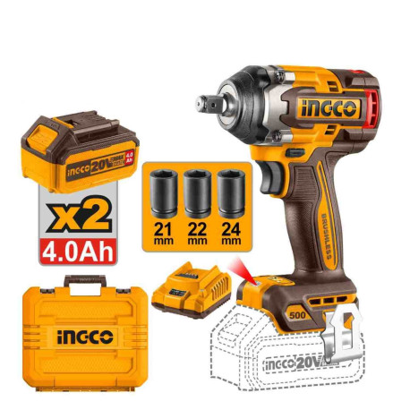 Clé à choc sans fil ING-CO - 20V - 500Nm - 3 douilles fournies - Avec Starter Pack 4.0Ah