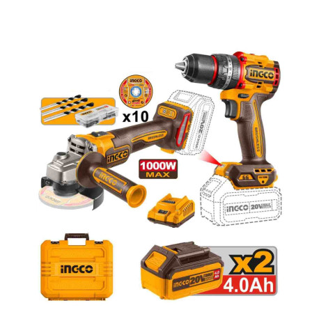 Pack perceuse à percussion sans fil 66Nm + disqueuse sans fil 1000W ING-CO - 20V - Accessoires inclus - Avec Starter Pack 4.0Ah