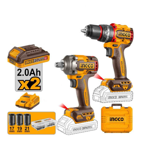 Pack perceuse à percussion sans fil 66Nm + clé à chocs sans fil 400Nm ING-CO - 20V - Avec Starter Pack 2.0Ah