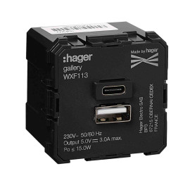 Chargeur USB Gallery Hager - Type A et C - 5V - Bornes à vis - noir