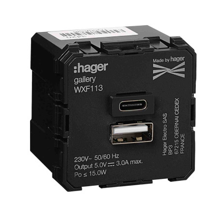 Chargeur USB Gallery Hager - Type A et C - 5V - Bornes à vis - noir