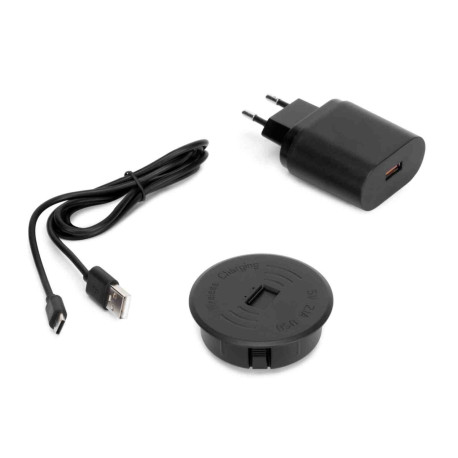 Chargeur induction sans fil Airtop 2 + port USB A Emuca - Pose encastrée - Ø60mm - 10W - 5V DC - Plastique - Noir