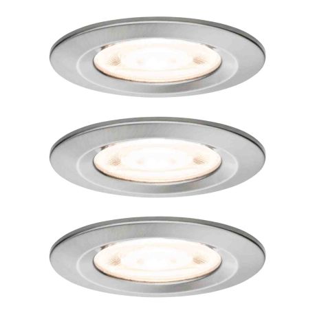 Lot de 3 spots LED encastrés Nova GU10 Flat rigides Paulmann - Ronds - 4.9W - 2700K - IP44 - Acier brossé - Non dimmables