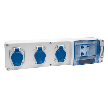 Coffret de chantier monophasé 3 prises 2P+T 16A simplifié Eur'Ohm - IP55 - IK07 - Gris/Bleu - Sans alimentation