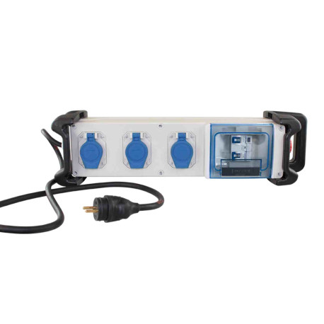 Coffret de chantier monophasé 3 prises 2P+T 16A  complet Eur'Ohm - IP55 - IK07 - Gris/Bleu - Avec cordon 1,5m HO7RNF et bumpers