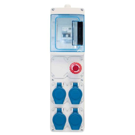 Coffret de chantier monophasé 4 prises 2P+T 16A simplifié Eur'Ohm - IP55 - IK07 - Gris/Bleu - Sans alimentation