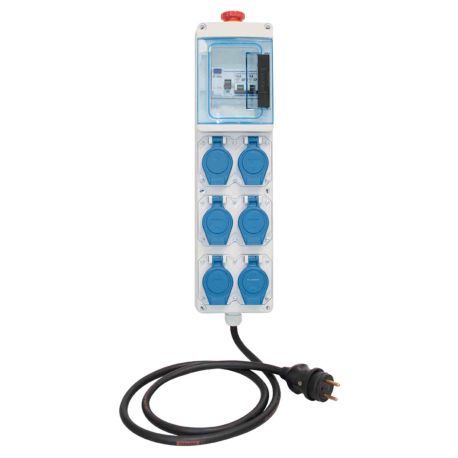 Coffret de chantier monophasé 6 prises 2P+T 16A  complet Eur'Ohm - IP55 - IK07 - Gris/Bleu - Avec cordon 2m HO7RNF 