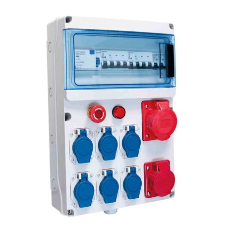 Coffret de chantier triphasé 6 prises 2P+T 230V - 2 prises 3P+N+T 400V Eur'Ohm - IP44 - IK07 - Gris/Bleu - Sans cordon d'aliment