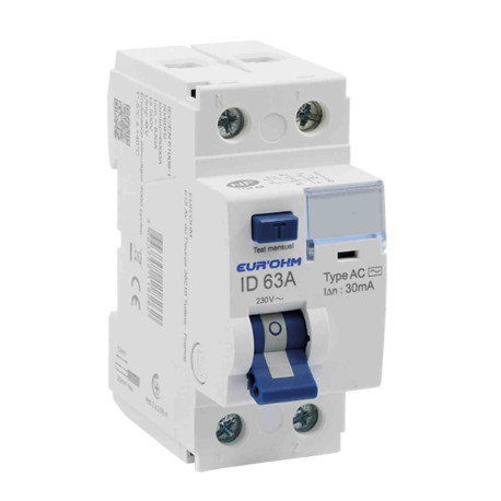 Interrupteur différentiel 1P+N 2x63A RxProtect Eur'Ohm - Type AC - 30mA - Connexion haut/bas