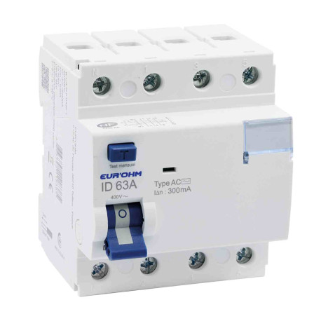 Interrupteur différentiel 3P+N 4x63A RxProtect Eur'Ohm - Type AC - 300mA - Connexion haut/bas