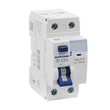 Interrupteur différentiel 1P+N 2x63A RxProtect Eur'Ohm - Type A - 30mA - Connexion haut/bas
