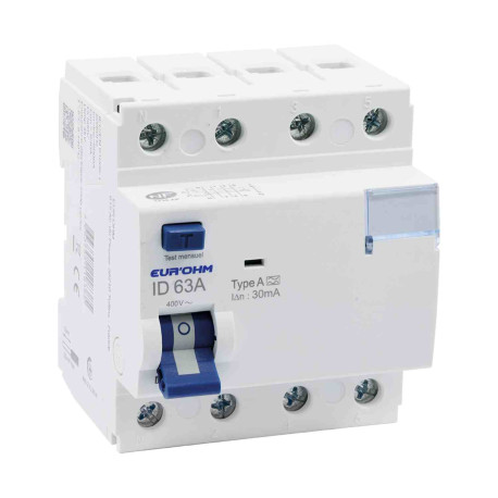 Interrupteur différentiel 3P+N 4x63A RxProtect Eur'Ohm - Type A - 30mA - Connexion haut/bas