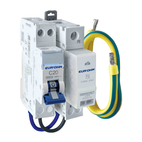 Kit parafoudre 1P+N T2 RX Protect Eur'Ohm - Imax 40kA - In 20kA - 1 module - avec disjoncteur 20A et câble de terre