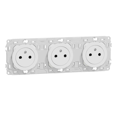 Triple prise de courant 2P+T affleurante Odace Schneider Electric - 3x16A - Précâblée - Avec enjoliveur - Blanc