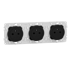 Triple prise de courant 2P+T affleurante Odace Schneider Electric - 3x16A - Précâblée - Avec enjoliveur - Noir