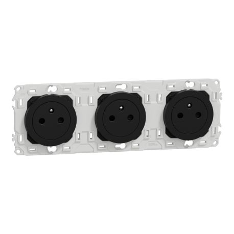 Triple prise de courant 2P+T affleurante Odace Schneider Electric - 3x16A - Précâblée - Avec enjoliveur - Noir