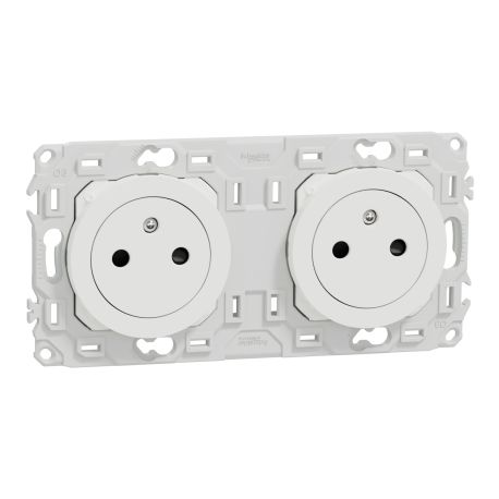 Double prise de courant 2P+T affleurante Odace Schneider Electric - 2x16A - Précâblée - Avec enjoliveur - Blanc