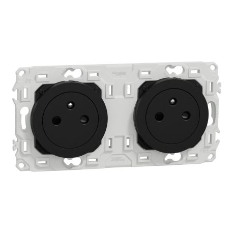 Double prise de courant 2P+T affleurante Odace Schneider Electric - 2x16A - Précâblée - Avec enjoliveur  - Noir