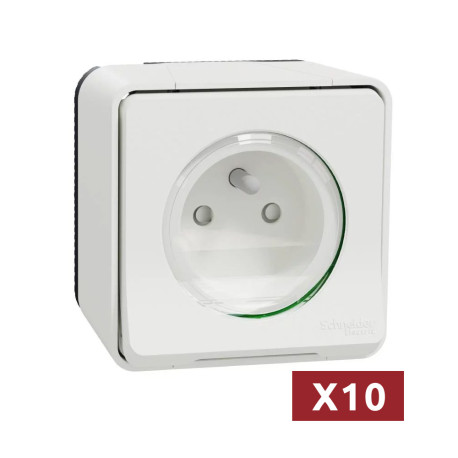 Pack de 10 prises de courant 2P+T IP55 IK08 - Saillie - Blanc - Mureva Styl