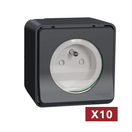 Pack de 10 prises de courant 2P+T IP55 IK08 - Saillie - Gris - Mureva Styl