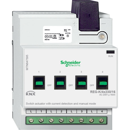 Actionneur de commutation KNX 4 sorties 230V 16A - A détection courant + commande manuelle