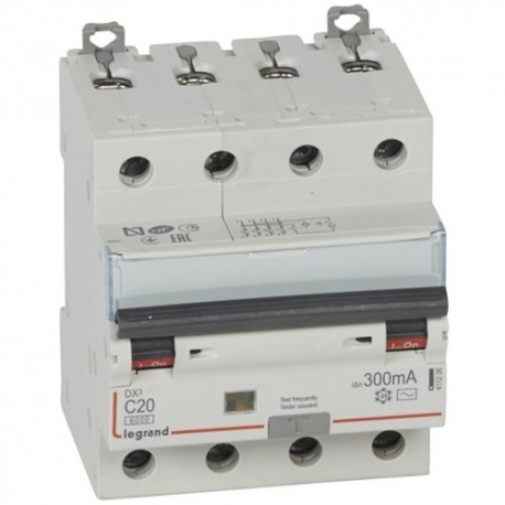 Disjoncteur différentiel mono DX³ - 6000A - 10kA - 20 a - 300 mA - Courbe C - Départ - Tétrapolaire