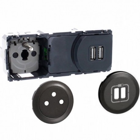 Prise précablée Surface 2 P+T 16A + chargeur USB - complet Graphite