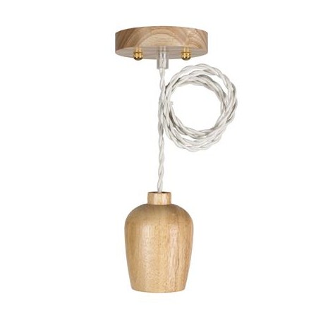 Suspension douille en bois Bailey - E27 - 60W - Cordon textile beige torsadé - Sans ampoule
