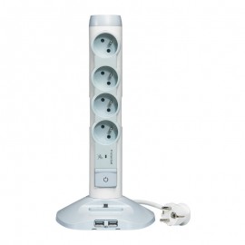 Rallonge multiprises avec chargeur USB - Avec interrupteur - 4 prises - Parafoudre - Vertical - Blanc/Gris