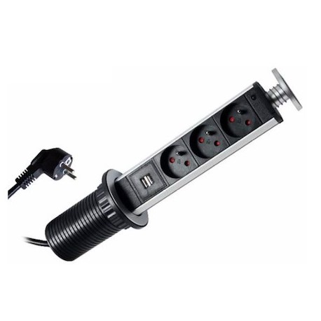 Bloc multiprise escamotable - 3 prises - 2P+T - 2 USB - IP20 - Noir et alu