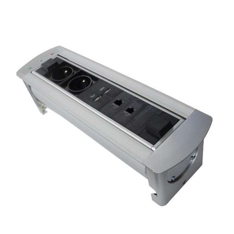 Bloc multiprise horizontal motorisé - 2 prises - 2P+T - 2 USB - 2 RJ45 - Noir et alu