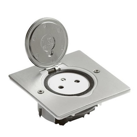 Prise de sol simple - 2P+T Surface carrée - 16A - Avec platine - Inox brossé