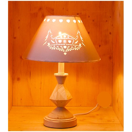 Lampe à poser avec abat-jour ajouré et pied en bois sculpté - E14 - Bois et crème