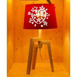 Lampe à poser avec abat-jour ajouré et pied en bois - E27 - Bois et rouge