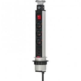Bloc multiprise TOWER POWER - 3 prises - 2P+T - 16A - 2 chargeurs USB - Alu/noir
