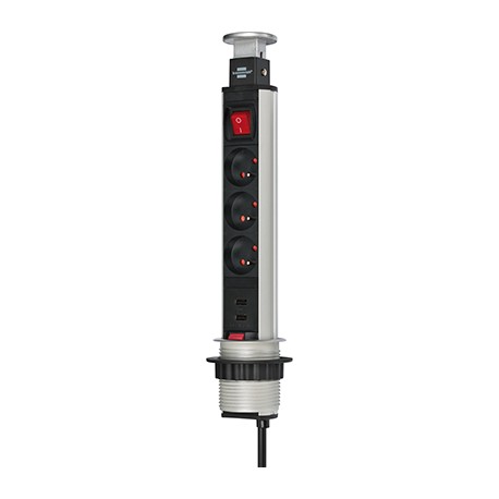 Bloc multiprise TOWER POWER - 3 prises - 2P+T - 16A - 2 chargeurs USB - Alu/noir