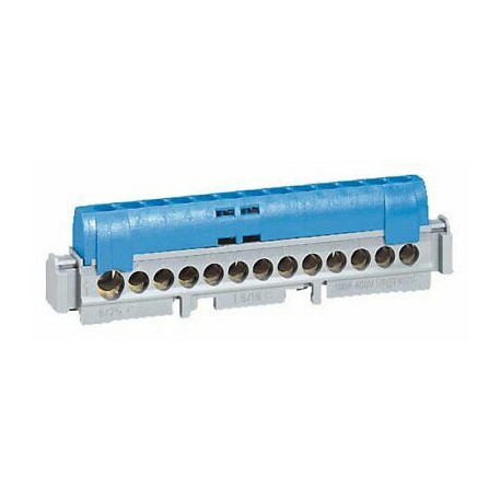 Bornier de répartition isolé IP2X - Neutre - 1x25mm2 - 141mm - Bleu