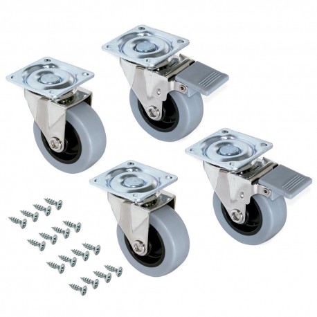 Lot de 4 roulettes Slip 2 avec platine de montage - ø 50 mm - Acier et plastique - Gris